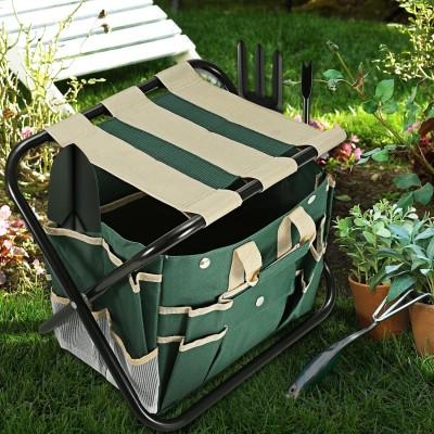 7-piece Garden Tool Set with Tote and Folding Seat Including 5 Tools stool tool bag trowel planter cultivator weeding fork weeder BEDTS   